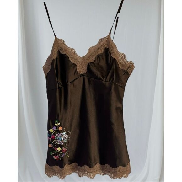 Brand New Magazine Women's Large Brown 100% Silk Embroidered BOHO Cami Camisole - Picture 1 of 8